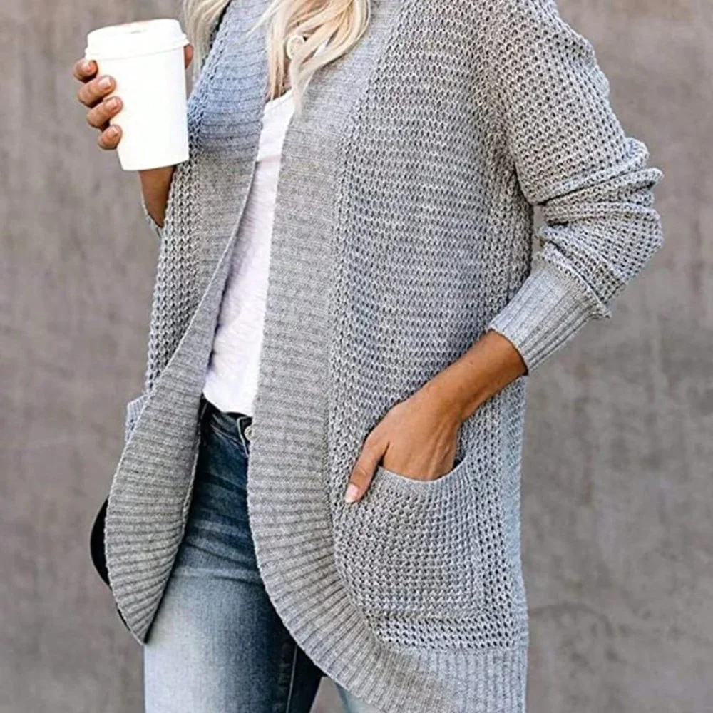 Grey Preppy Womens Dual Pocket Drop Shoulder Open Front Cardigan - Picture 5 of 5
